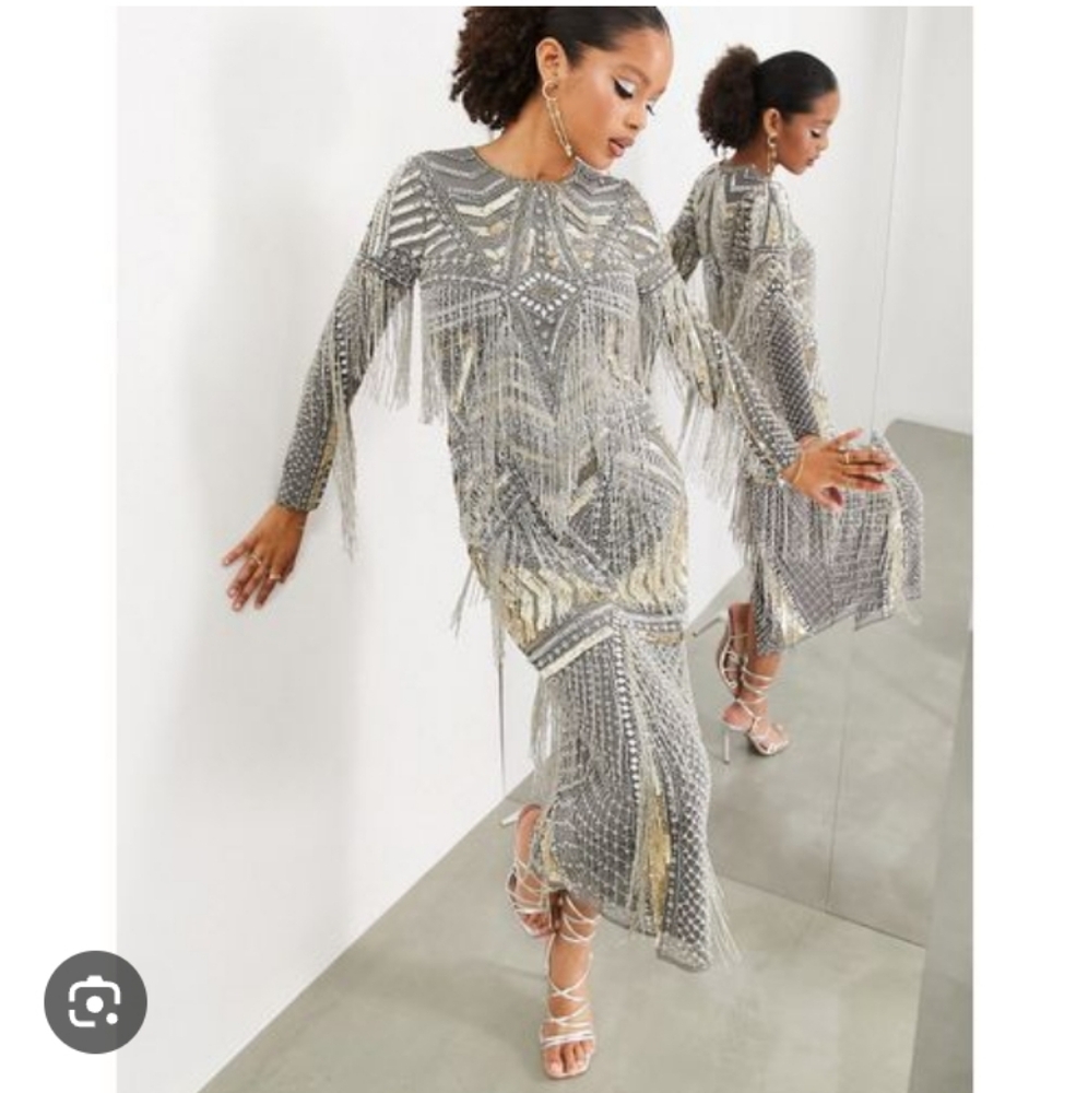 ASOS EDITION Curce Statement Embellished Sequins Fringe Gold and Silver  Sz-14 - Picture 6 of 12